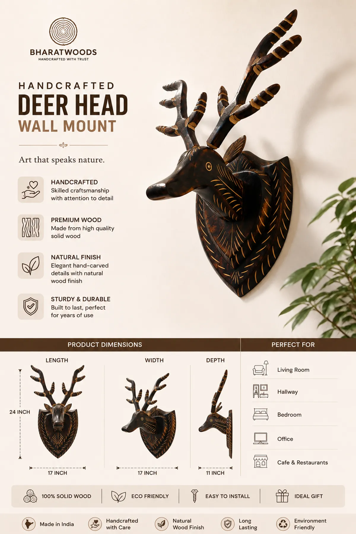 Carved Deer Head Wall Mount — Large
